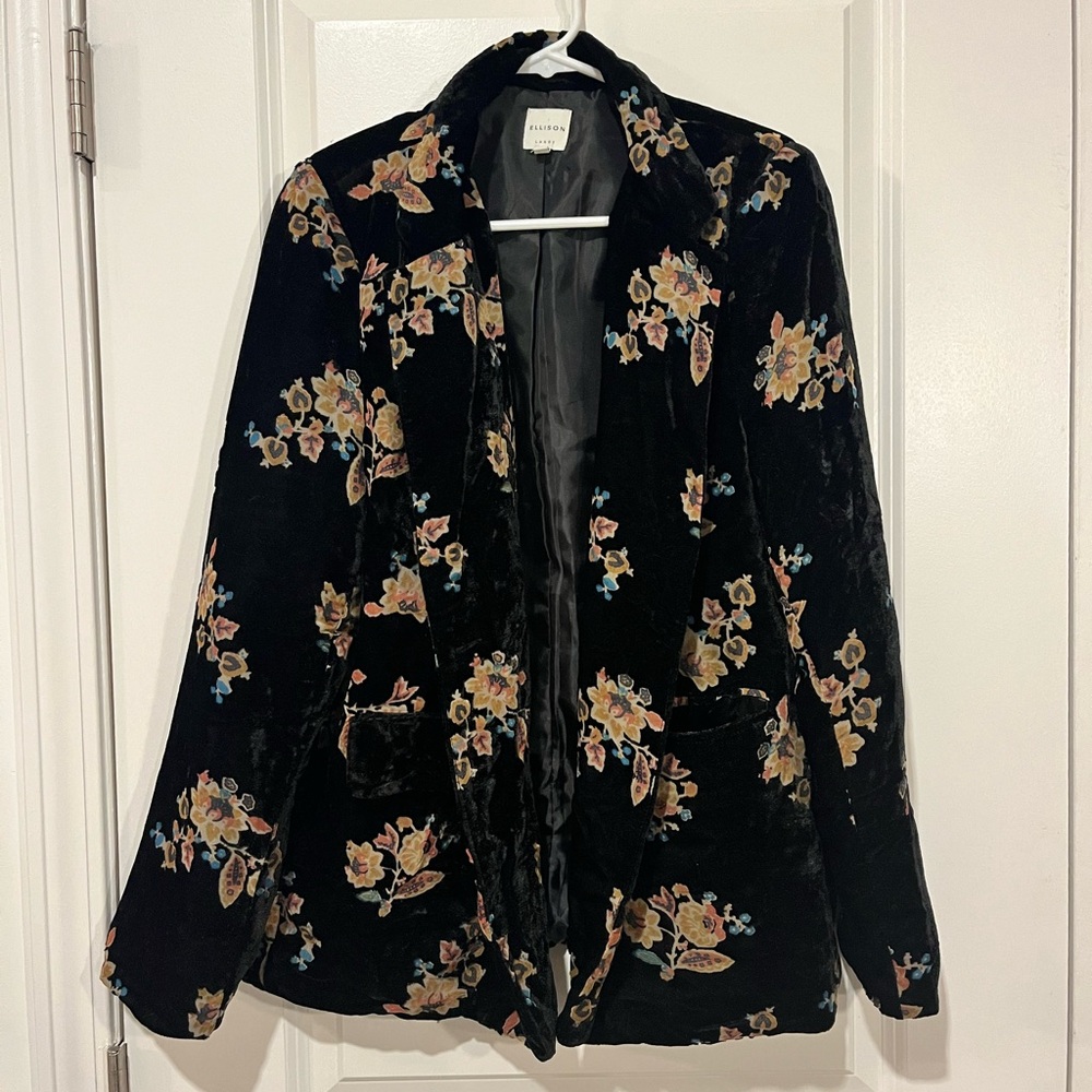 Ellison (Anthropologie) Black Velvet Floral Blazer Jacket